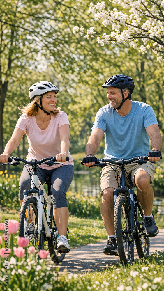 Fototapeta premium Smiling man and woman enjoying a ride on bicycles in the park during the springtime.