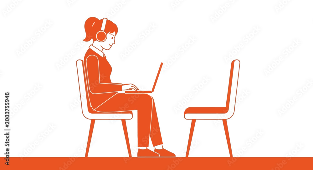 Fototapeta premium Woman with headphones working on laptop by empty chair