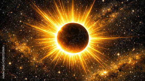 An eclipse of the sun in a space setting with stars and galaxies.