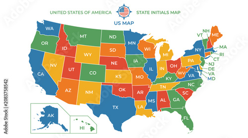 Colorful United States map with state initials labels.