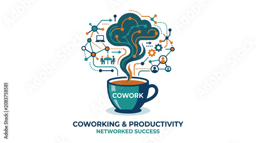 Coworking and productivity concept with digital coffee steam.