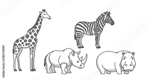 Foto Hand-drawn illustrations of African safari animals: giraffe zebra rhinoceros and hippopotamus