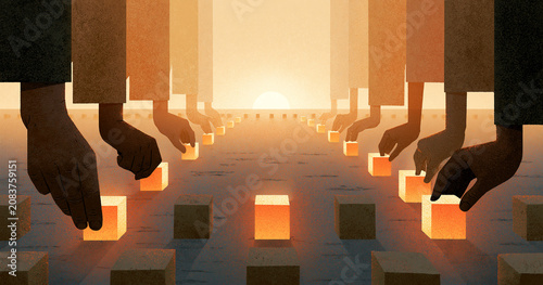 Diverse Hands Placing Glowing Bricks Toward the Horizon