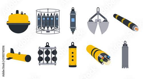 Fotografie Collection of underwater research and industrial equipment illustrations