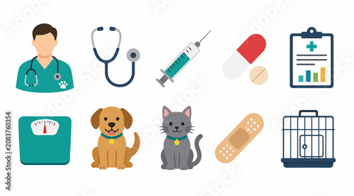 Colorful medical and pet care icons collection.