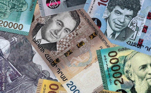 Photography Armenian dram money banknotes bunch on table
