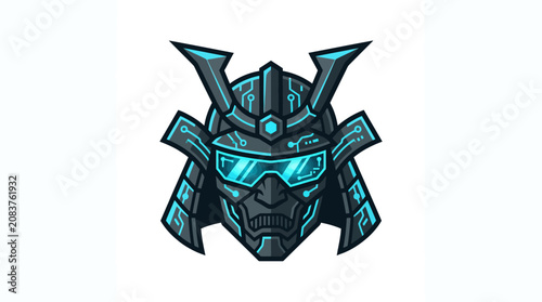 Canvastavla Futuristic robotic samurai helmet logo with neon blue accents.