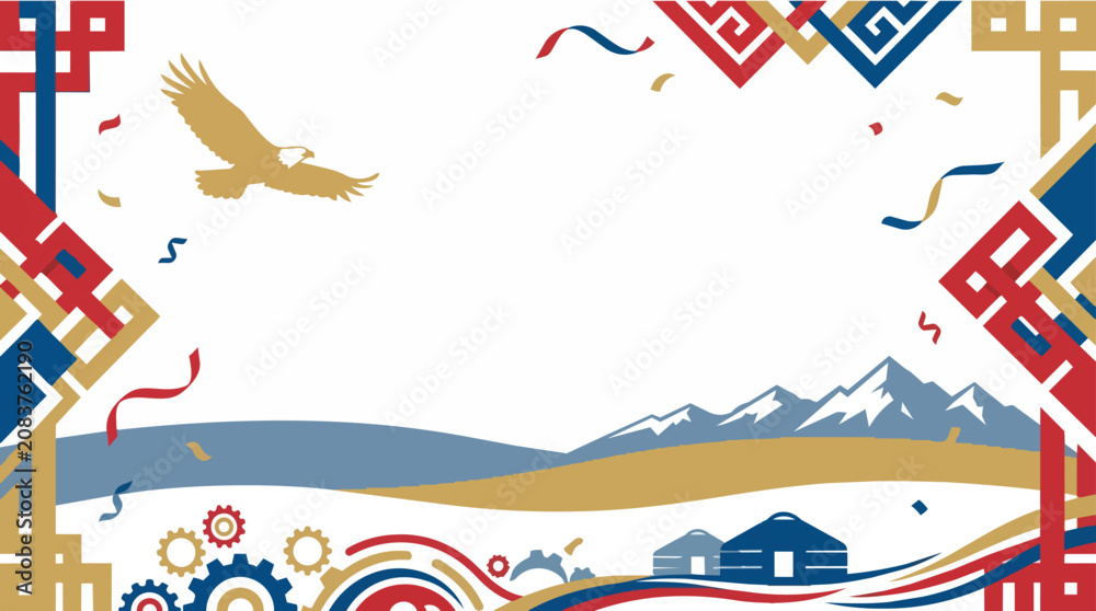 Obraz premium Eagle soaring over mountains and traditional yurts with ornaments