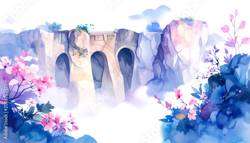 Watercolor Fantasy Landscape Featuring Ancient Stone Bridge and Blooming Pink Flowers