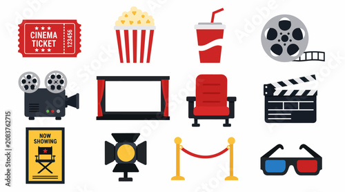 Colorful flat design movie theater icons collection.