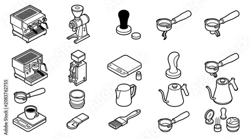 Foto Isometric Coffee Making Equipment Set - Espresso Machine, Grinder, Tamper, Scale
