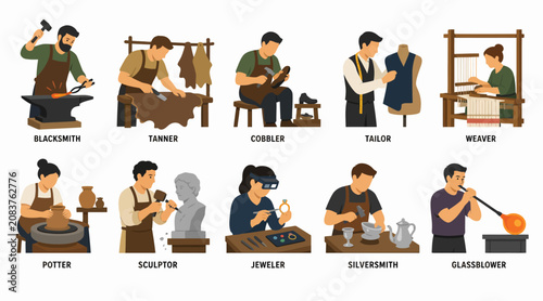 Foto Illustrated Collection of Traditional Craftsmen at Work.