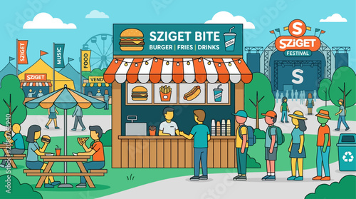 A vibrant flat design illustration depicting a bustling food vendor stall at Sziget Festival, offering stylized snacks and drinks to minimalist festival-goers.