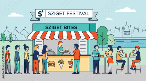 A vibrant flat design illustration depicting a bustling food vendor stall at Sziget Festival, offering stylized snacks and drinks to minimalist festival-goers.