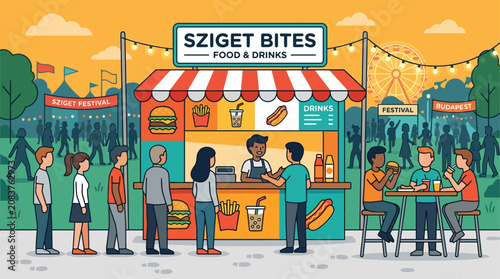 A vibrant flat design illustration depicting a bustling food vendor stall at Sziget Festival, offering stylized snacks and drinks to minimalist festival-goers.