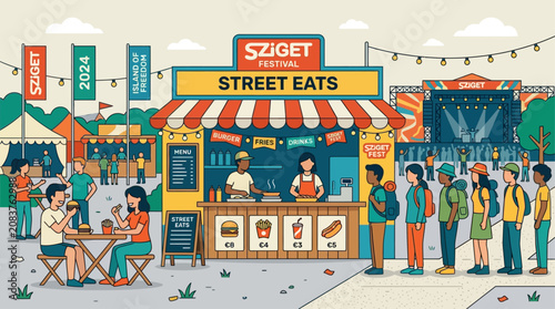 A vibrant flat design illustration depicting a bustling food vendor stall at Sziget Festival, offering stylized snacks and drinks to minimalist festival-goers.