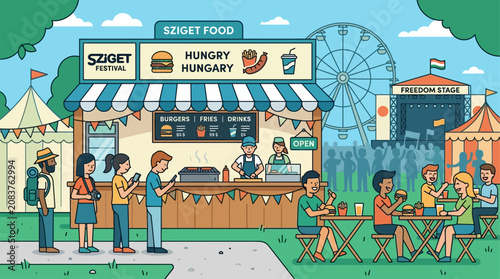 A vibrant flat design illustration depicting a bustling food vendor stall at Sziget Festival, offering stylized snacks and drinks to minimalist festival-goers