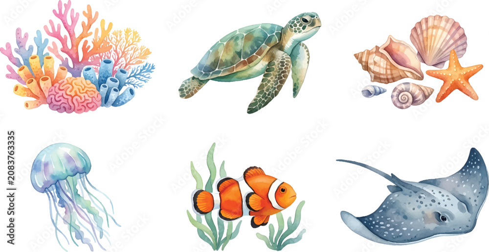 Fototapeta premium Vector Illustration Ocean Animals Watercolor Clipart Bundle Featuring Turtle, Jellyfish, Penguin and Clownfish