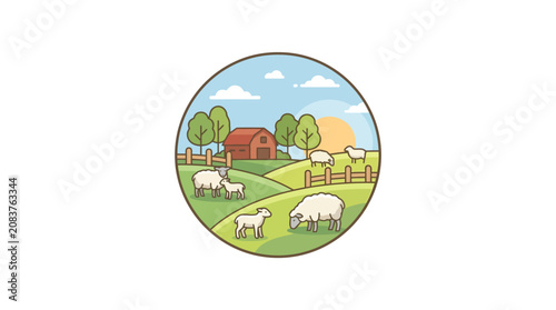 Slika na platnu Sheep Grazing in Green Pasture Field.