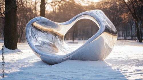 Modern metallic abstract sculpture rests on a snow covered field during a bright winter afternoon.