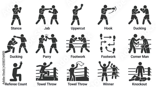 Fotografía Boxing icons with various fighting moves.