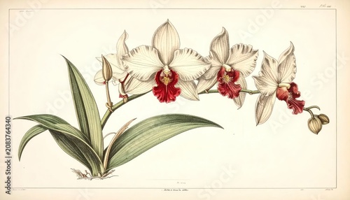 Vintage botanical illustration of white orchid flowers.