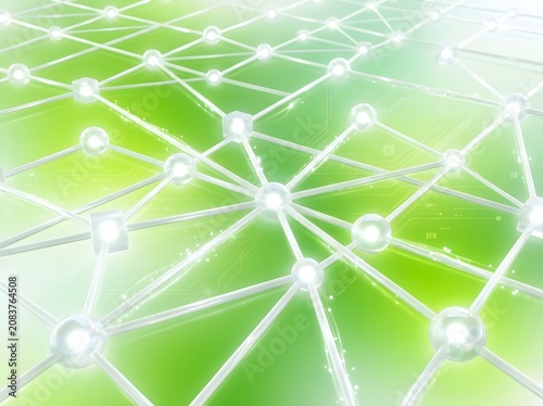 Abstract green AI network nodes connecting with glowing light lines