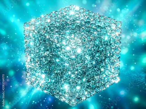 Shimmering Abstract 3D Cube Composed of Glowing Teal Glass Pixel Fragments