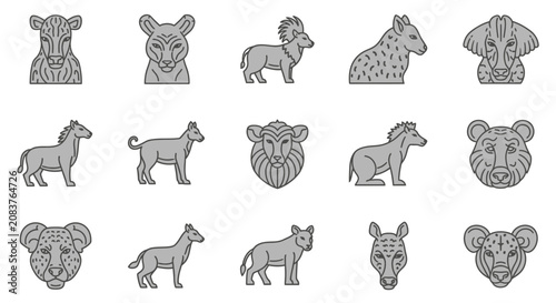 Photography Collection of various wild animals in a monochrome stylized illustration