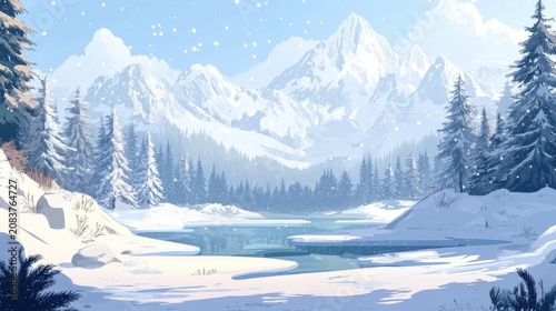 Snowy mountain landscape features a frozen lake surrounded by pine trees under a light snowfall.