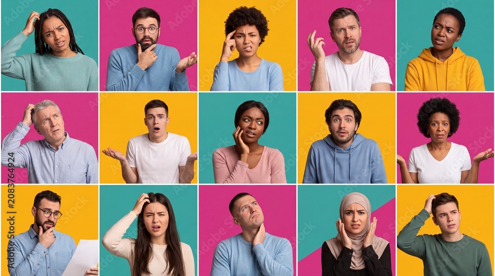 Fototapeta premium Collage of diverse people expressing confusion, doubt, and uncertainty against vibrant colorful backgrounds