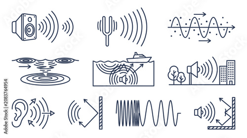фотографія Sound Waves and Acoustics Science Icons: Speaker, Tuning Fork, Wave Forms, Water