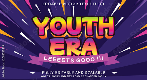 Vibrant Youth Era Retro Comic Style Graphic Text Design with Energetic Radial Burst Background and Fun Decorative Ribbon Banner