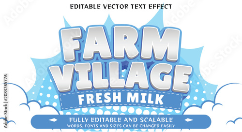 Farm Fresh Milk typography vector effect, ideal for food packaging, children's products, and rustic brand designs, featuring bubbly letters and a cheerful cloud background