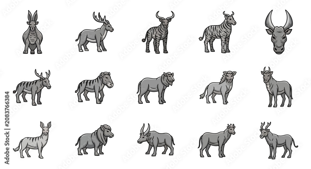 Obraz premium Collection of various wild animals in a detailed sketch style showcasing different species with unique horns and features.