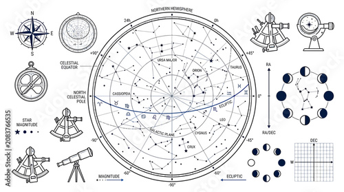 Foto Astronomy and Navigation Vintage Tools and Celestial Chart