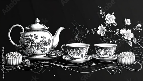 Vintage teapot and teacups with floral branch sketch.