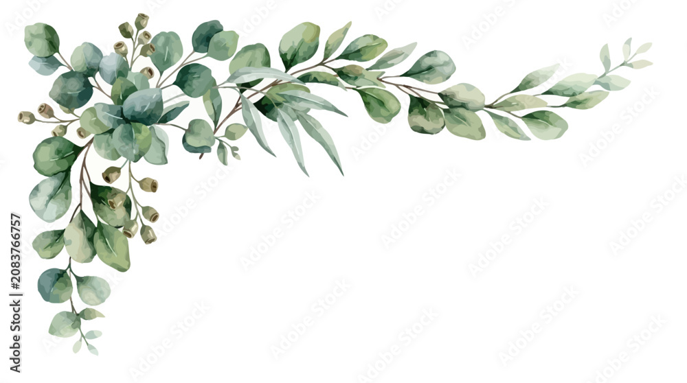 Fototapeta premium Elegant watercolor vector botanical corner border frame featuring lush green eucalyptus leaves, silver dollar foliage, and delicate branches on a white background for wedding invitation design.