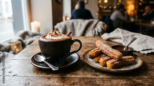 Cozy cafe scene with a hot chocolate topped with whipped cream and churros served on a rustic wooden table