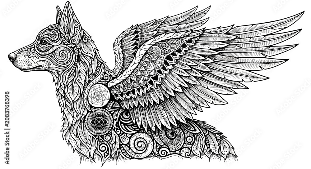 Foto Fantasy Winged Wolf Creature Design.