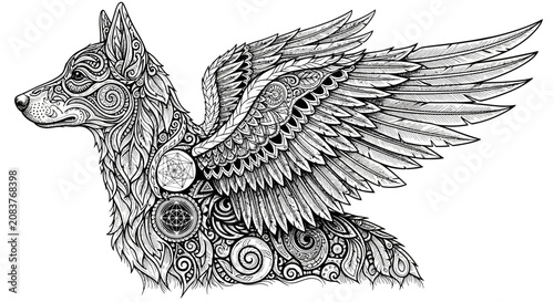 Schilderij op canvas Fantasy Winged Wolf Creature Design.