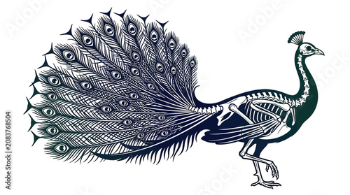 Fotografie Peacock Skeleton with Fanned Tail - Anatomical Illustration