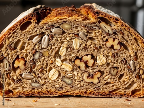 Artisan Multi-Grain Seeded Bread Loaf Cross-Section Healthy Homemade Whole Grain with Nuts, Oats  Seeds Texture