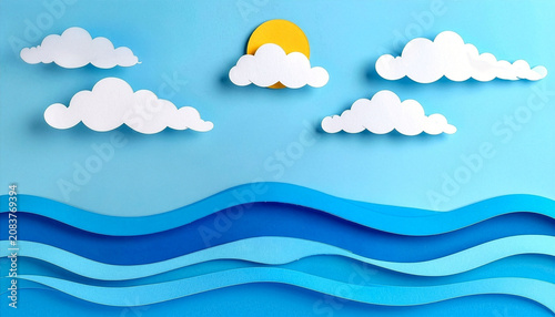 Paper cut style blue sea waves with white clouds and sun on blue sky backdrop