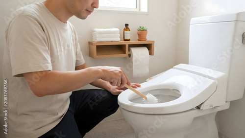 Plakat 白を基調とした清潔なレストルームでブラシを使って洋式トイレの便器内を掃除する男性