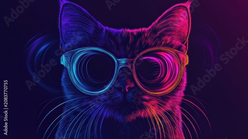 Feline subject wears vibrant, swirling spectacles against a dark, atmospheric backdrop.