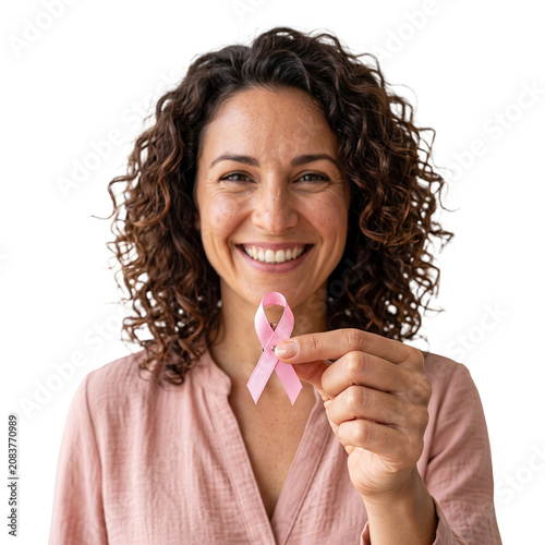 Woman holding pink ribbon for breast cancer awareness Outubro Rosa PNG Isolated on transparent background