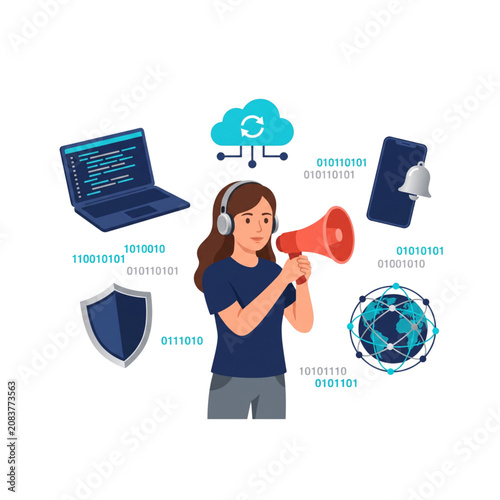 Girl with megaphone and tech icons set cartoon character speaking female digital technology vector illustration collection for online marketing banner design