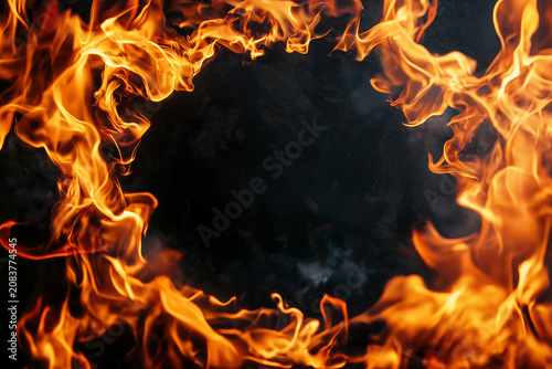 A dynamic circular frame formed by intense flames against a dark backdrop.