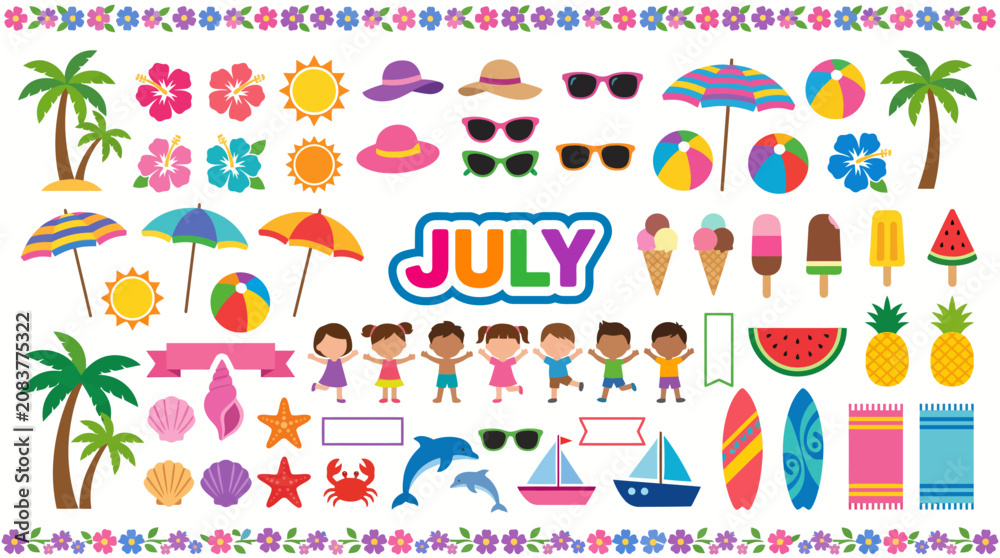 Naklejka premium Colorful July summer holiday clipart with kids, beach elements, tropical fruits and vacation icons